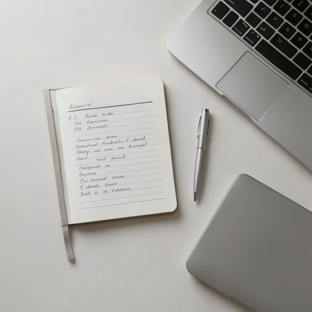Handwritten exception log beside a closed laptop