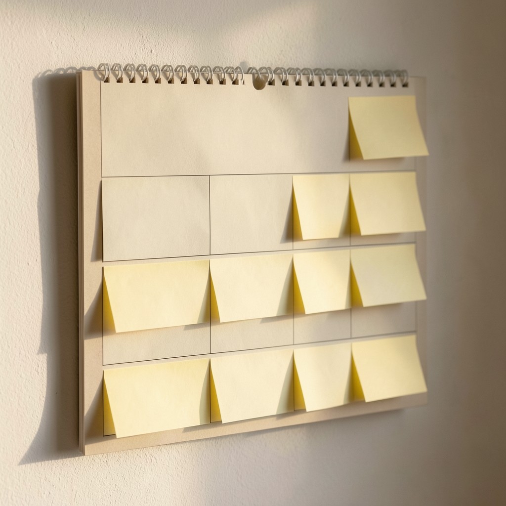 Wall calendar and sticky notes planning a staged policy rollout