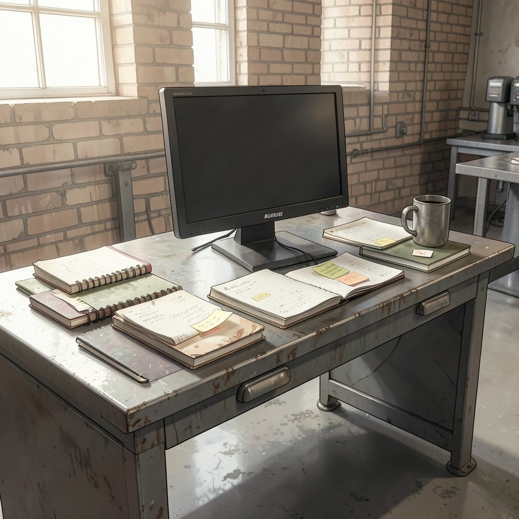 Shared workstation on a shop floor with notebooks nearby