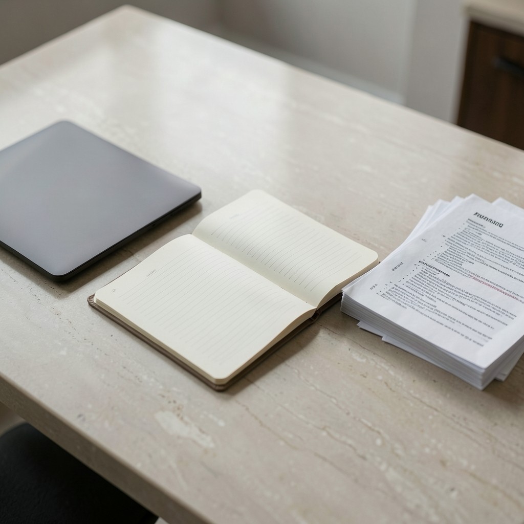 Notebook and policy documents open beside a laptop during a gap review