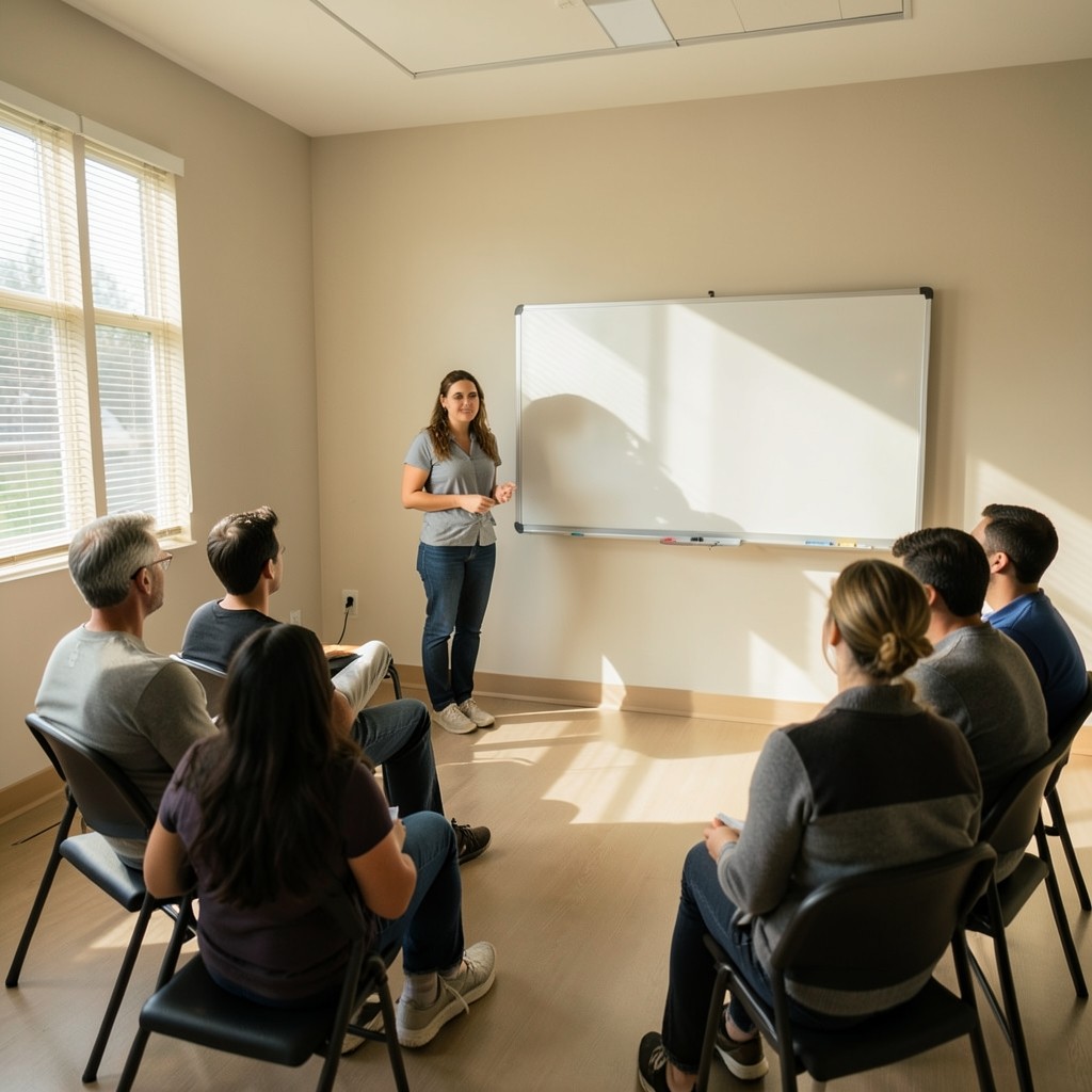 Small group in a bright training room during a password guidance session
