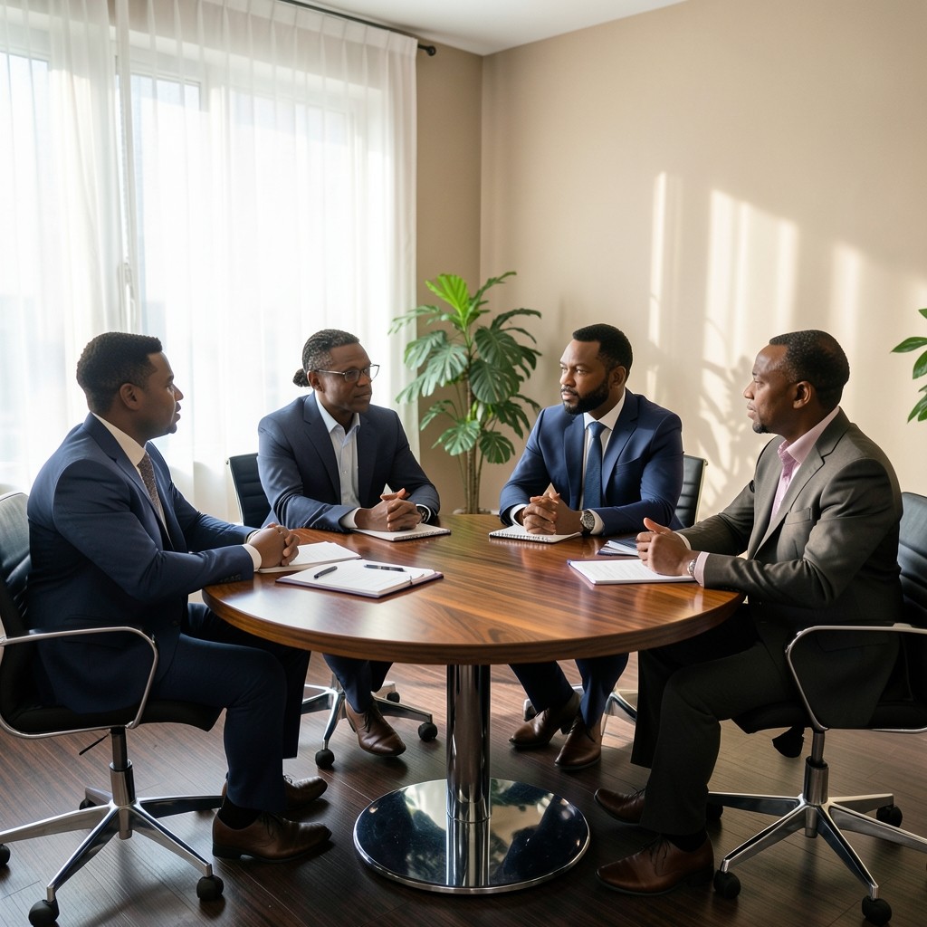 Managers discussing staff guidance notes around a meeting table