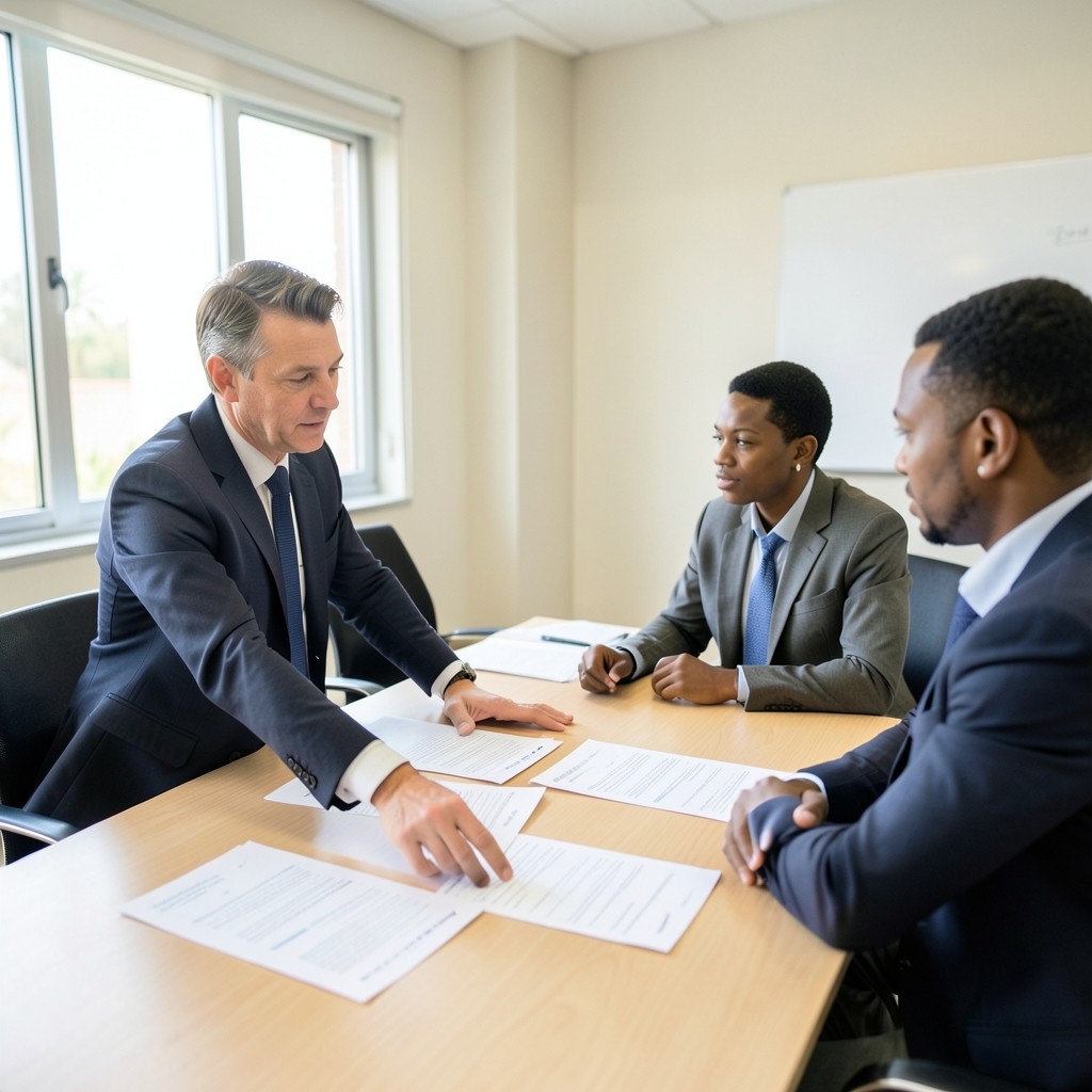 Facilitator reviewing printed password policy pages with staff at a conference table